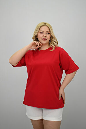 Kadın Büyük Beden Kısa Kollu Bisiklet Yaka Oversize T-shirt 1963-25
