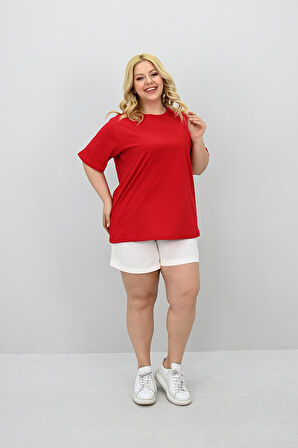 Kadın Büyük Beden Kısa Kollu Bisiklet Yaka Oversize T-shirt 1963-25
