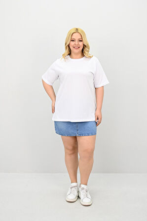 Kadın Büyük Beden Kısa Kollu Bisiklet Yaka Oversize T-shirt 1963-25