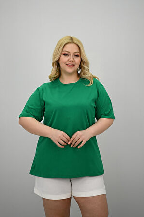 Kadın Büyük Beden Kısa Kollu Bisiklet Yaka Oversize T-shirt 1963-25
