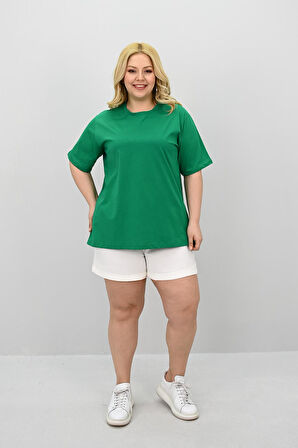 Kadın Büyük Beden Kısa Kollu Bisiklet Yaka Oversize T-shirt 1963-25