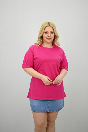 Kadın Büyük Beden Kısa Kollu Bisiklet Yaka Oversize T-shirt 1963-25