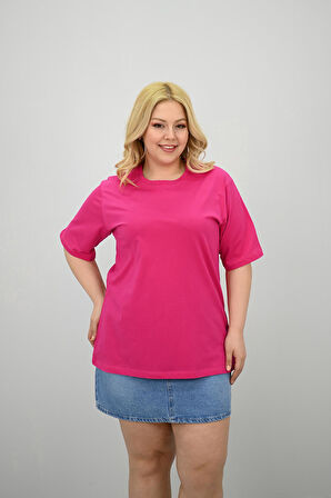 Kadın Büyük Beden Kısa Kollu Bisiklet Yaka Oversize T-shirt 1963-25