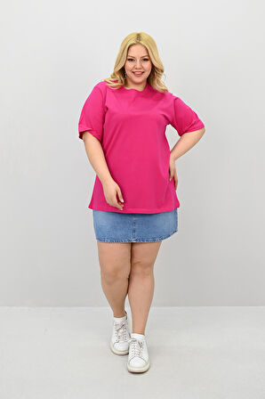 Kadın Büyük Beden Kısa Kollu Bisiklet Yaka Oversize T-shirt 1963-25