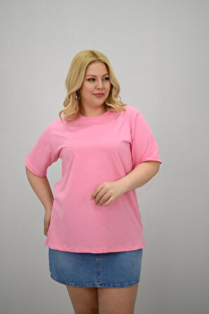 Kadın Büyük Beden Kısa Kollu Bisiklet Yaka Oversize T-shirt 1963-25