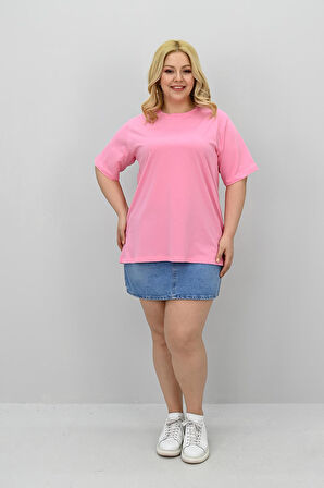 Kadın Büyük Beden Kısa Kollu Bisiklet Yaka Oversize T-shirt 1963-25