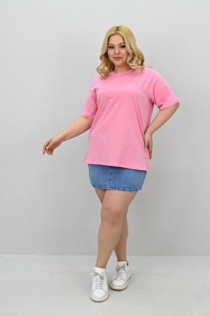 Kadın Büyük Beden Kısa Kollu Bisiklet Yaka Oversize T-shirt 1963-25