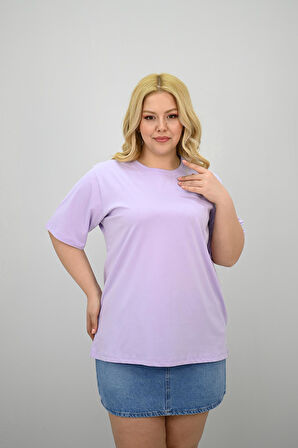 Kadın Büyük Beden Kısa Kollu Bisiklet Yaka Oversize T-shirt 1963-25