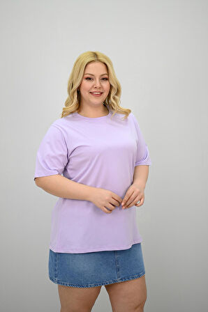 Kadın Büyük Beden Kısa Kollu Bisiklet Yaka Oversize T-shirt 1963-25