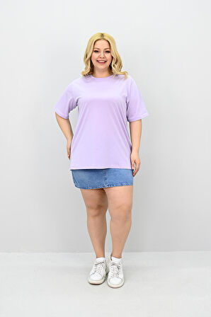 Kadın Büyük Beden Kısa Kollu Bisiklet Yaka Oversize T-shirt 1963-25