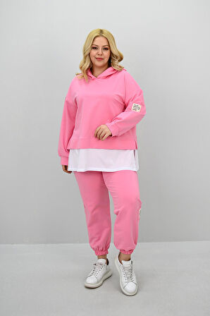 Kadın Büyük Beden Uzun Kollu Kapüşonlu Lastik Paça Eşofman Takımı 8180-25