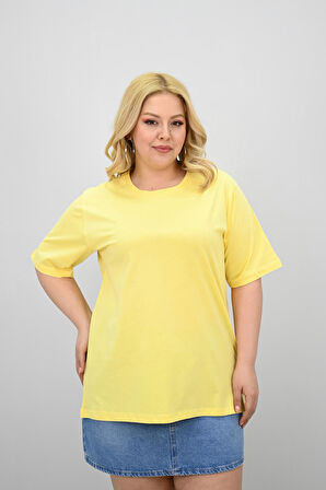 Kadın Büyük Beden Kısa Kollu Bisiklet Yaka Oversize T-shirt 1963-25