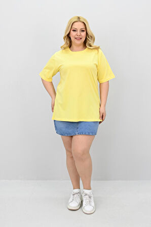 Kadın Büyük Beden Kısa Kollu Bisiklet Yaka Oversize T-shirt 1963-25