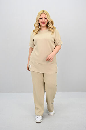 Kadın Büyük Beden Modal Kumaş Kısa Kollu Bol Paça Eşofman Takımı 8184-25