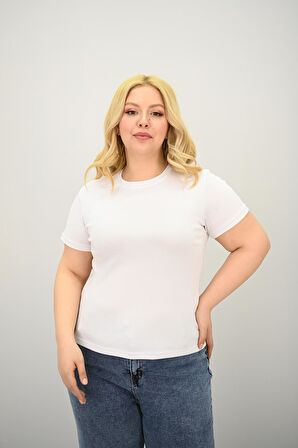 Kadın Büyük Beden Kısa Kollu Bisiklet Yaka Basic T-shirt 1965-25