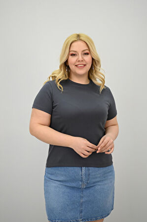 Kadın Büyük Beden Kısa Kollu Bisiklet Yaka Basic T-shirt 1965-25