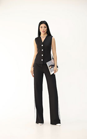 Kadın Kolsuz Yanları Şeritli Bol Paça Yelek Takım 0126-25