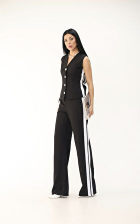 Kadın Kolsuz Yanları Şeritli Bol Paça Yelek Takım 0126-25