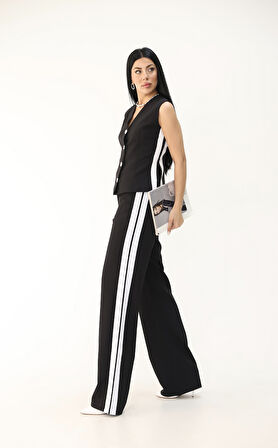 Kadın Kolsuz Yanları Şeritli Bol Paça Yelek Takım 0126-25