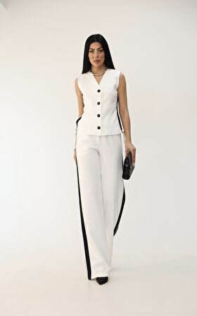 Kadın Kolsuz Yanları Şeritli Bol Paça Yelek Takım 0126-25