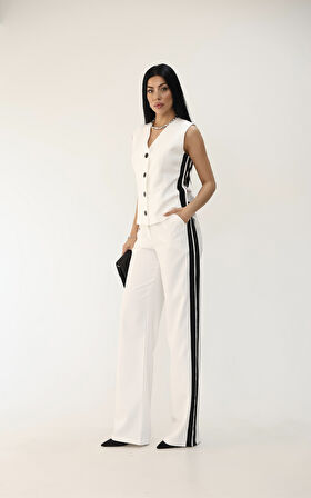 Kadın Kolsuz Yanları Şeritli Bol Paça Yelek Takım 0126-25