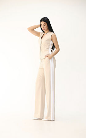 Kadın Kolsuz Yanları Şeritli Bol Paça Yelek Takım 0126-25