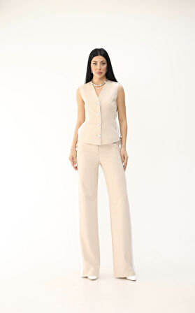 Kadın Kolsuz Yanları Şeritli Bol Paça Yelek Takım 0126-25