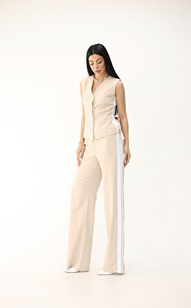 Kadın Kolsuz Yanları Şeritli Bol Paça Yelek Takım 0126-25