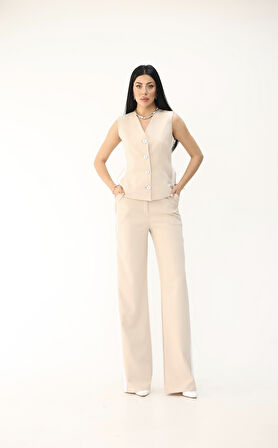 Kadın Kolsuz Yanları Şeritli Bol Paça Yelek Takım 0126-25