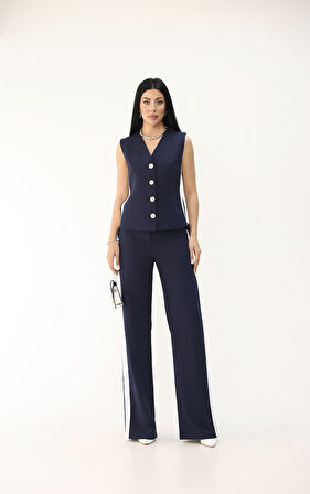 Kadın Kolsuz Yanları Şeritli Bol Paça Yelek Takım 0126-25