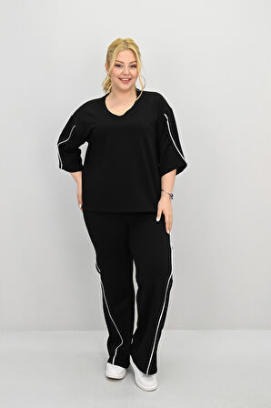 Kadın Büyük Beden Kısa Kollu V Yaka Ara Biye Detaylı Eşofman Takımı 8181-25