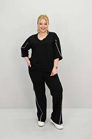 Kadın Büyük Beden Kısa Kollu V Yaka Ara Biye Detaylı Eşofman Takımı 8181-25