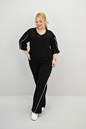 Kadın Büyük Beden Kısa Kollu V Yaka Ara Biye Detaylı Eşofman Takımı 8181-25