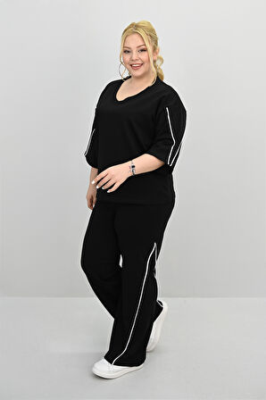 Kadın Büyük Beden Kısa Kollu V Yaka Ara Biye Detaylı Eşofman Takımı 8181-25