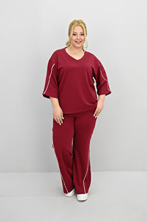 Kadın Büyük Beden Kısa Kollu V Yaka Ara Biye Detaylı Eşofman Takımı 8181-25