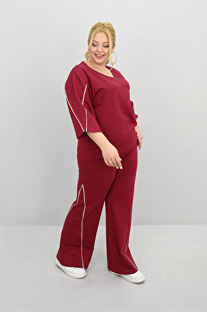 Kadın Büyük Beden Kısa Kollu V Yaka Ara Biye Detaylı Eşofman Takımı 8181-25