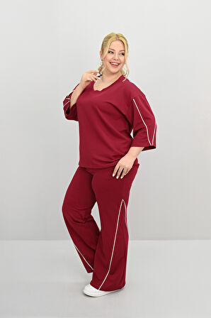 Kadın Büyük Beden Kısa Kollu V Yaka Ara Biye Detaylı Eşofman Takımı 8181-25