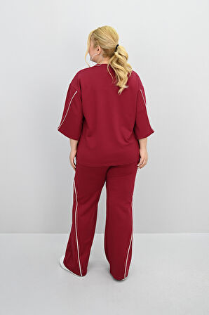 Kadın Büyük Beden Kısa Kollu V Yaka Ara Biye Detaylı Eşofman Takımı 8181-25