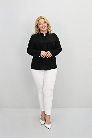 Kadın Büyük Beden Hakim Yaka Fular Bağlama Detaylı Broşlu Bluz 0033-25