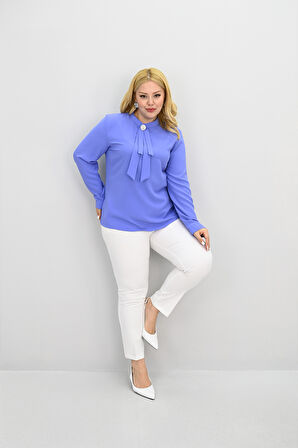 Kadın Büyük Beden Hakim Yaka Fular Bağlama Detaylı Broşlu Bluz 0033-25