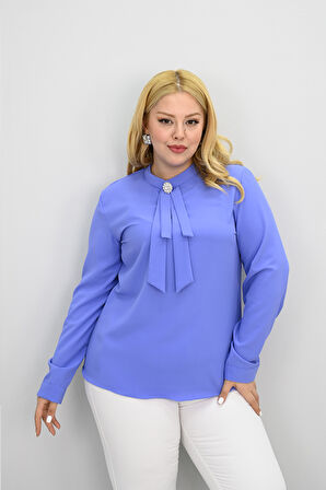 Kadın Büyük Beden Hakim Yaka Fular Bağlama Detaylı Broşlu Bluz 0033-25