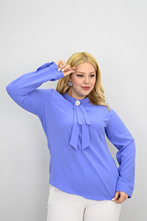 Kadın Büyük Beden Hakim Yaka Fular Bağlama Detaylı Broşlu Bluz 0033-25