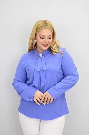 Kadın Büyük Beden Hakim Yaka Fular Bağlama Detaylı Broşlu Bluz 0033-25