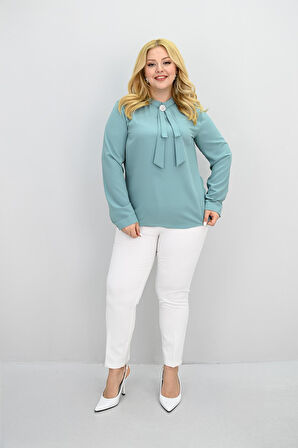 Kadın Büyük Beden Hakim Yaka Fular Bağlama Detaylı Broşlu Bluz 0033-25