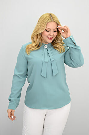 Kadın Büyük Beden Hakim Yaka Fular Bağlama Detaylı Broşlu Bluz 0033-25