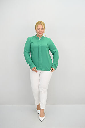 Kadın Büyük Beden Hakim Yaka Taş Broş Detaylı Bluz 0034-25