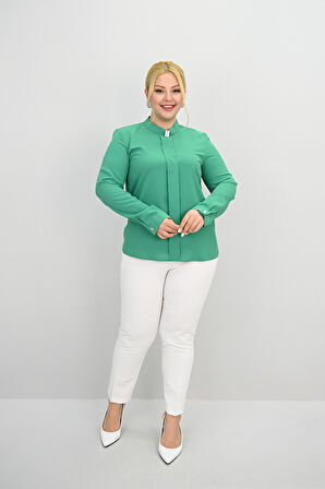 Kadın Büyük Beden Hakim Yaka Taş Broş Detaylı Bluz 0034-25