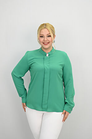 Kadın Büyük Beden Hakim Yaka Taş Broş Detaylı Bluz 0034-25