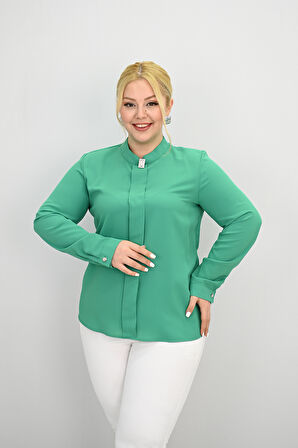 Kadın Büyük Beden Hakim Yaka Taş Broş Detaylı Bluz 0034-25