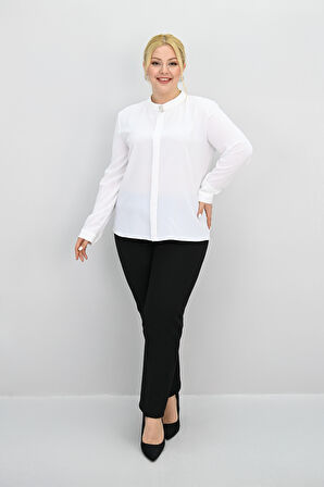 Kadın Büyük Beden Hakim Yaka Taş Broş Detaylı Bluz 0034-25